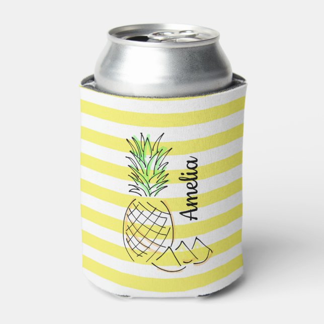 Enfriador De Latas Ilustracion de piña rayas amarillas verano (Lata Anverso)