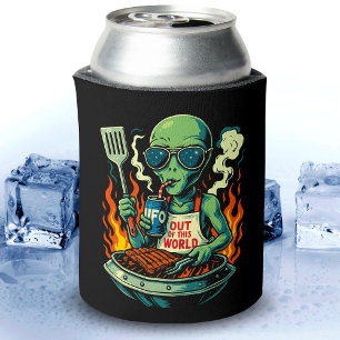 Enfriador De Latas Ilustración divertida de barbacoa alienígena Retro