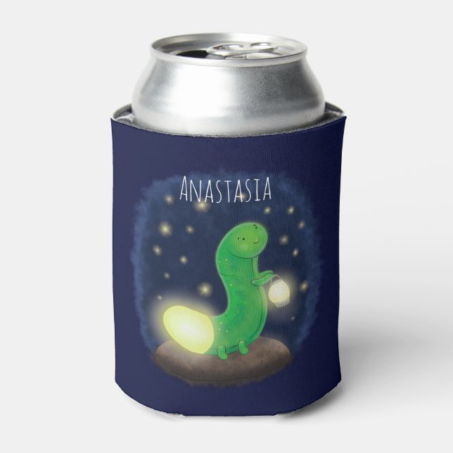 Enfriador De Latas Ilustracion personalizado de gusano de brillo verd (Lata Anverso)