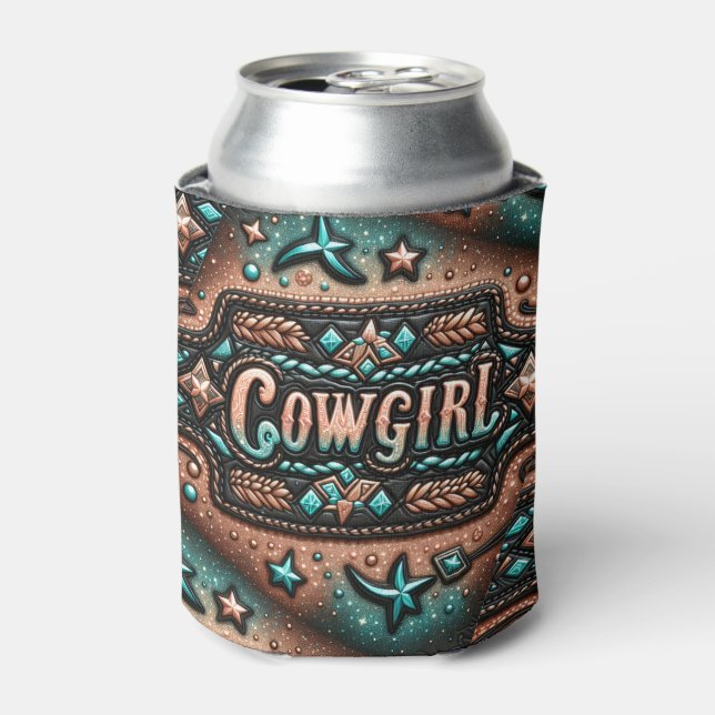 Enfriador De Latas Impresión de cuero occidental Turquesa Cowgirl mar (Lata Anverso)