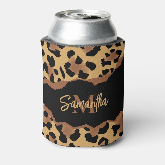 Enfriador De Latas Impresión de leopardo de monograma cúpula (Reverso de la lata)