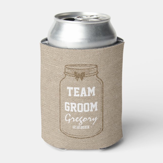 Enfriador De Latas Invitaciones de boda | Mason Jar Linen TEAM GROOM (Lata Anverso)