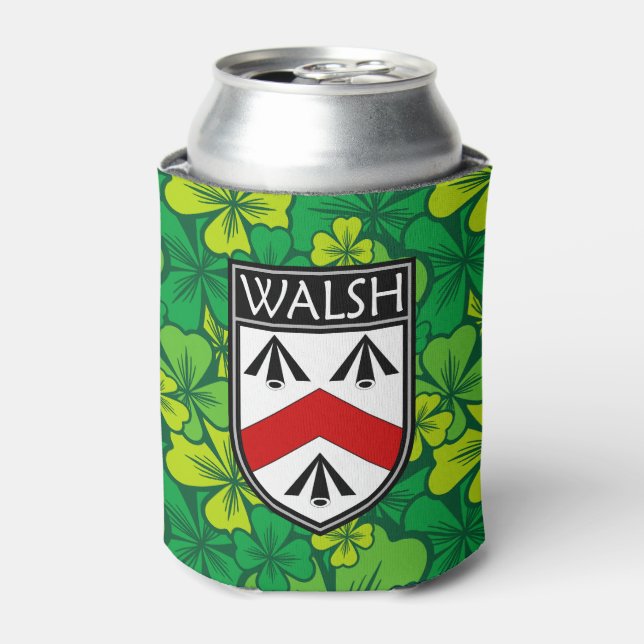 Enfriador De Latas Irlandés - Clan Walsh Escudo y Shamrock (Lata Anverso)
