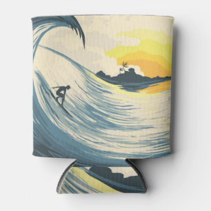Enfriador De Latas Isla tropical, ola, puesta de sol surfista.
