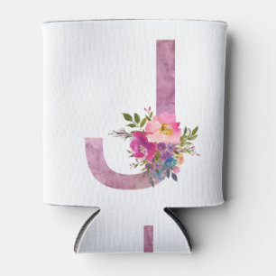 Enfriador De Latas J, Monograma floral inicial, flor acuarela