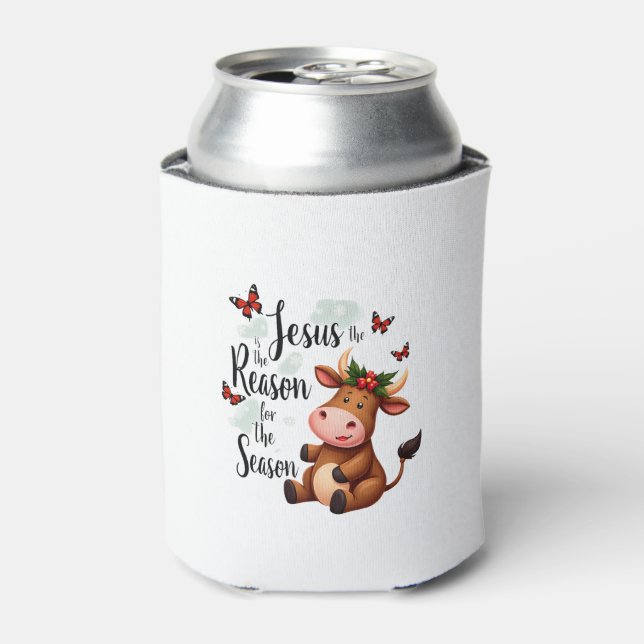 Enfriador De Latas Jesus Reason for The Season Cow Christmas Christia (Lata Anverso)