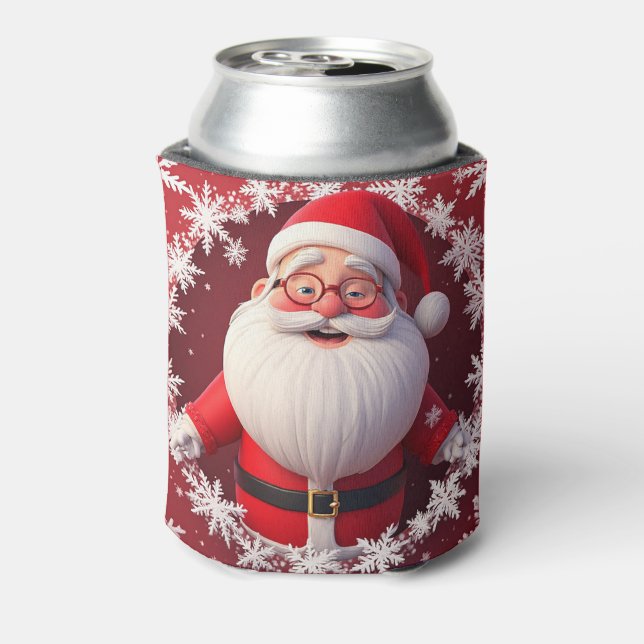 Enfriador De Latas Jolly Santa Claus rodeado de copos de nieve (Reverso de la lata)