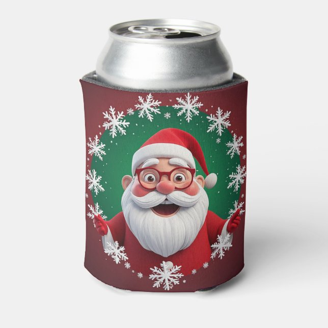 Enfriador De Latas Jolly Santa Claus rodeado de copos de nieve (Reverso de la lata)