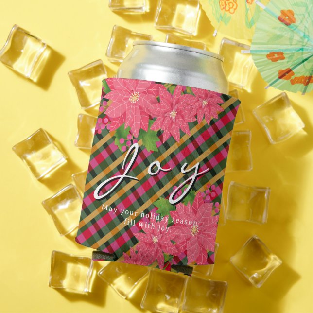 Enfriador De Latas Joy Christmas Poinsettia Plaid Business Logo Gift (Verano in situ)