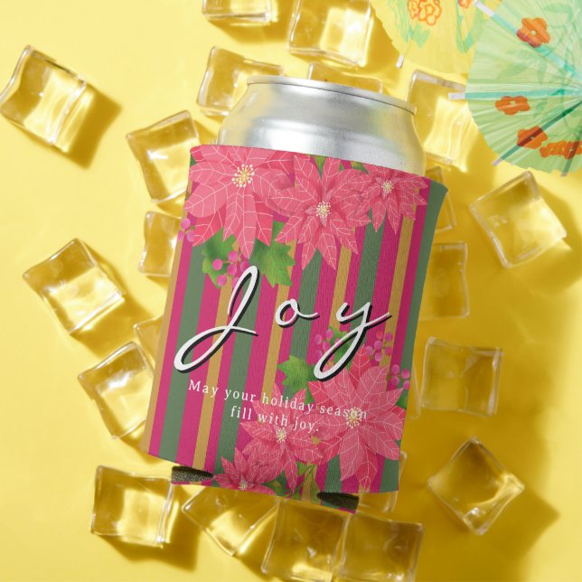 Enfriador De Latas Joy Christmas Poinsettia Stripe Business Logo Gift (Verano in situ)