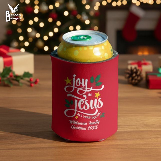 Enfriador De Latas JOY IN JESUS Christian Christmas Custom Name  (Festive JOY IN JESUS Christian Christmas can cooler with customizable text. Gift for Christians.)