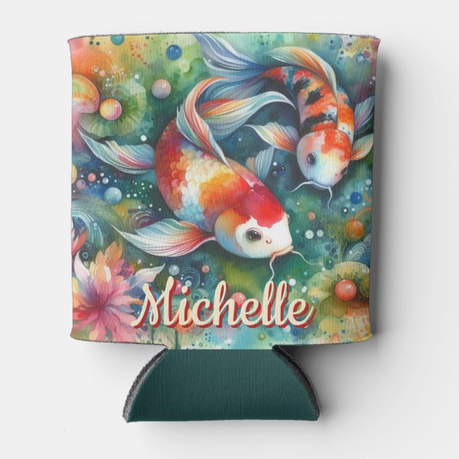 Enfriador De Latas Koi Fish Whimsical Watercolor Personalizado (Anverso)