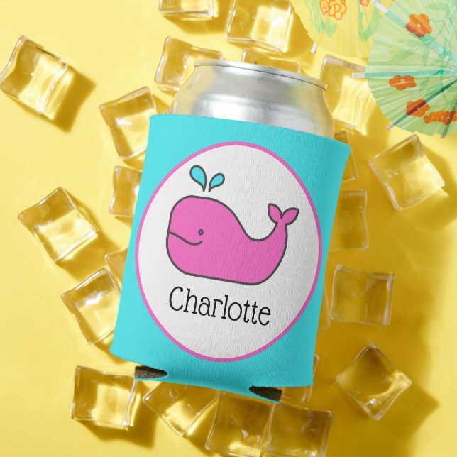 Enfriador De Latas La ballena rosa y Aqua personalizada (Verano in situ)