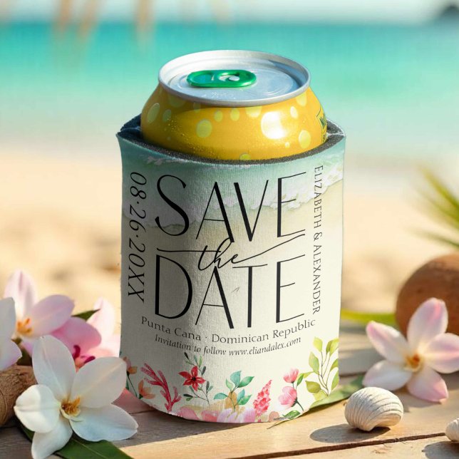 Enfriador De Latas La Caligrafía Tropical Beach Wedding Save The Date (Subido por el creador)