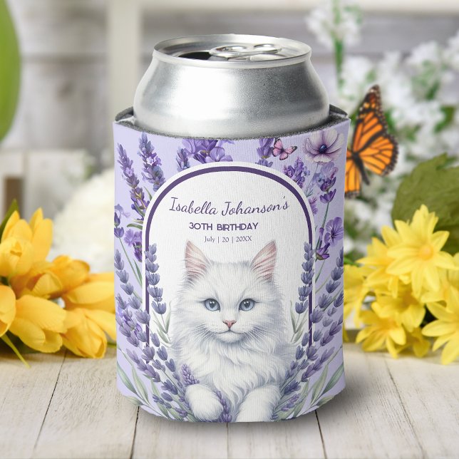 Enfriador De Latas Lavanda elegante y cumpleaños del gato (Subido por el creador)
