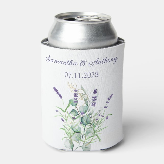 Enfriador De Latas Lavender Eucalyptus Watercolor Herbs Boda (Lata Anverso)