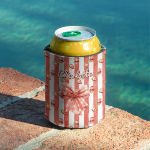 Enfriador De Latas Lazo de Gingham de Fresa Rayas Rojas Nombre