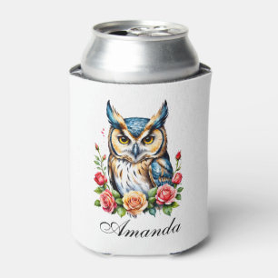 Enfriador De Latas Lechuza acuarela con flores giradas