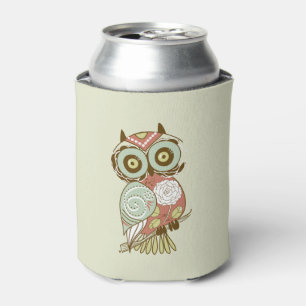 Enfriador De Latas Lechuza Floral Retro de Tonos Pastel Coloridos