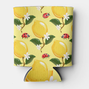 Enfriador De Latas Lemon Ladybug: Patrón amarillo tropical.