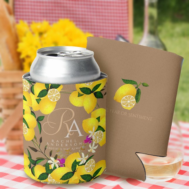 Enfriador De Latas Lemon Monogram Brown (Lemon monogram brown can cooler for your friends or as a birthday ift.)