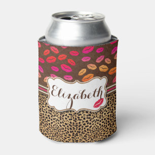 Enfriador De Latas Leopard Print Lips Kisses Personalizados