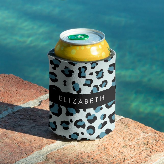 Enfriador De Latas Leopard Print, Spots, Blue Leopard, tu nombre (Piscina in situ)