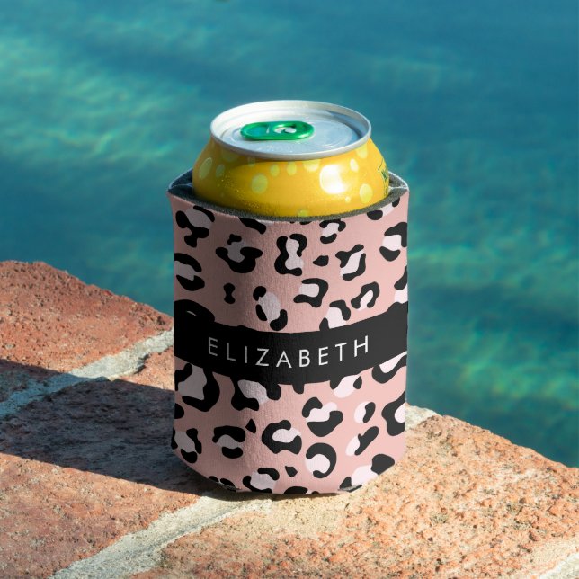 Enfriador De Latas Leopard Print, Spots, Pink Leopard, Tu Nombre (Piscina in situ)