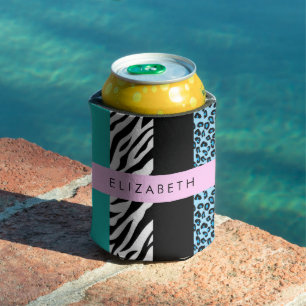 Enfriador De Latas Leopard Print, Zebra Print, Blue, Your Name