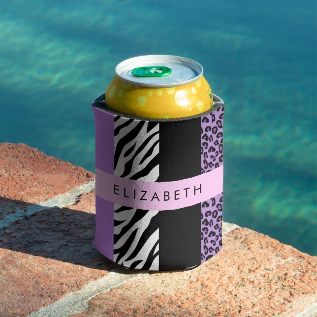 Enfriador De Latas Leopard Print, Zebra Print, Purple, Tu Nombre (Piscina in situ)
