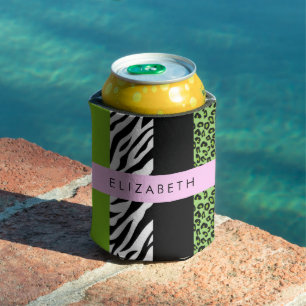 Enfriador De Latas Leopardo Print, Zebra Print, Green, Your Name