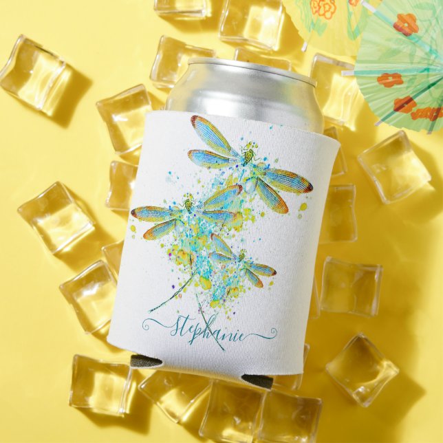 Enfriador De Latas Libélula teal personalizada con salpicaduras  (Verano in situ)