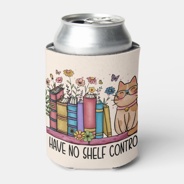 Enfriador De Latas Libros florales y gato (Lata Anverso)