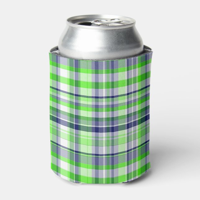 Enfriador De Latas Lime Green, azul de la marina, madras de perrito b (Lata Anverso)