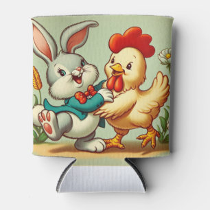 Enfriador De Latas Lindo conejo y pollo de dibujos animados vintage