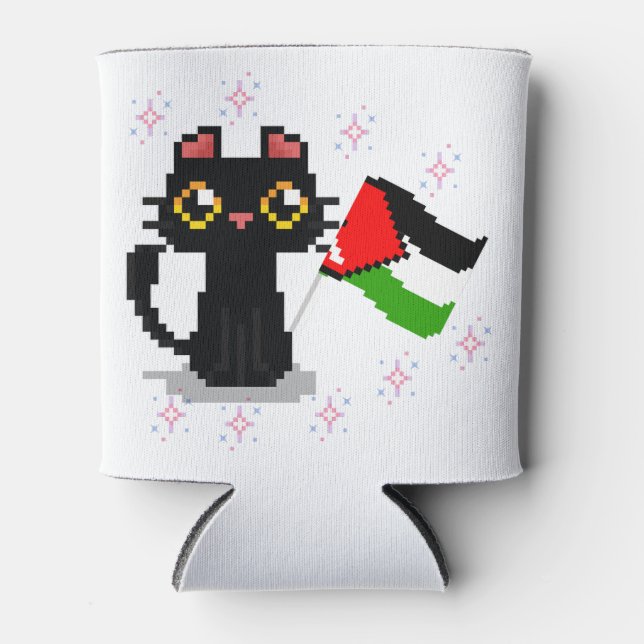 Enfriador De Latas lindo gato negro sostiene bandera palestina (Anverso)