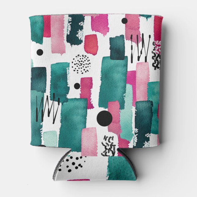 Enfriador De Latas Líneas de acuarela rosa y verde. (Anverso)