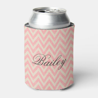 Enfriador De Latas Linen Rústica Beige y Chevron Rosado Monograma