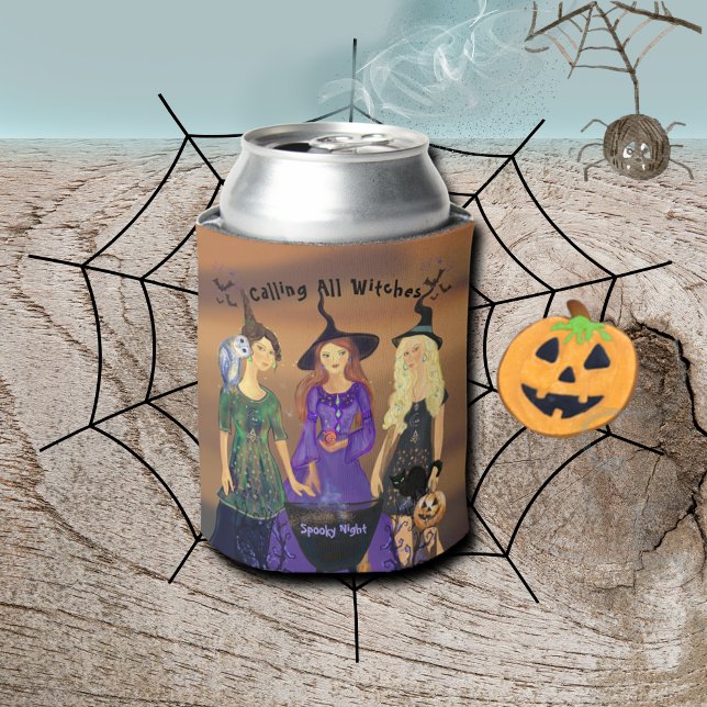 Enfriador De Latas Llamando a la fiesta de Halloween de todas las bru (Calling All Witches Halloween Party Can Cooler)