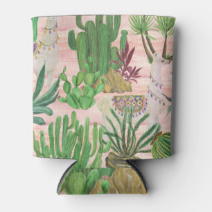 Enfriador De Latas Llamas acuarelas y patrones de cactus.