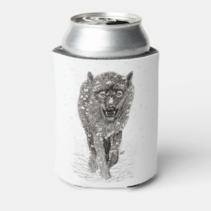 Enfriador De Latas Lobo Negro Enojado en la Nieve, Invierno Salvaje