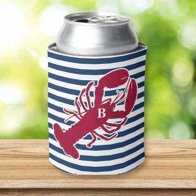 Enfriador De Latas Lobster Rojo Náutico Monograma Banda Blanca Azul (Subido por el creador)