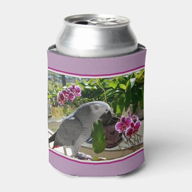 Enfriador De Latas Loro gris africano con orquídeas (Lata Anverso)