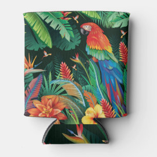 Enfriador De Latas Loro tropical: fondo floral exótico.