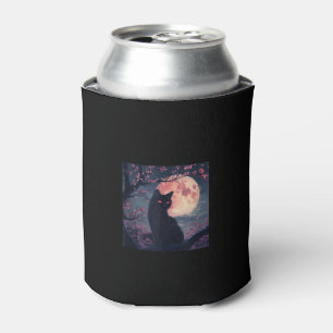 Enfriador De Latas Luna Roja encantada_ Gato negro y flores de cerezo