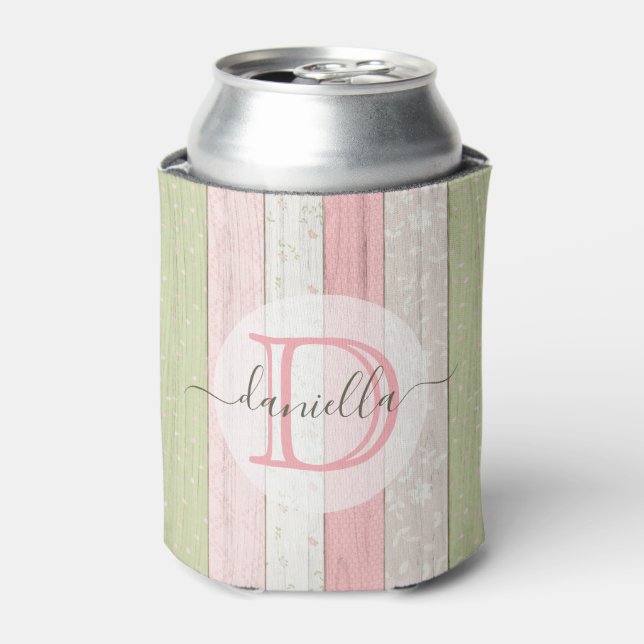 Enfriador De Latas Madera floral Rústica Verde y Rosa Personalizada (Lata Anverso)