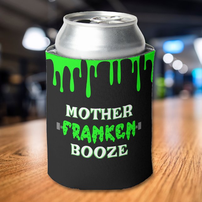 Enfriador De Latas Madre divertida Franken Booze Frankenstein Hallowe (funny frankenstein mother franken booze green and black Halloween can cooler with slime drip)