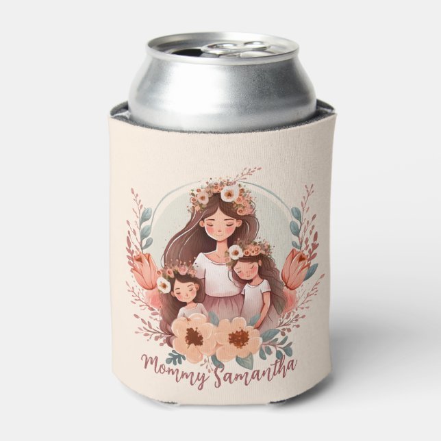 Enfriador De Latas Mamá y dos hijas en marco floral (Lata Anverso)