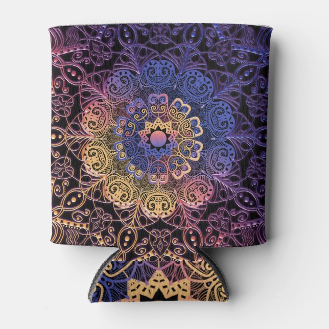 Enfriador De Latas Mandala morada y amarilla: diseño dibujado a mano (Anverso)