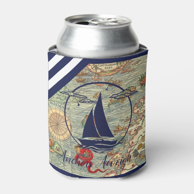 Enfriador De Latas Mapa/barco/silueta/anclajes antiguos náuticos (Lata Anverso)